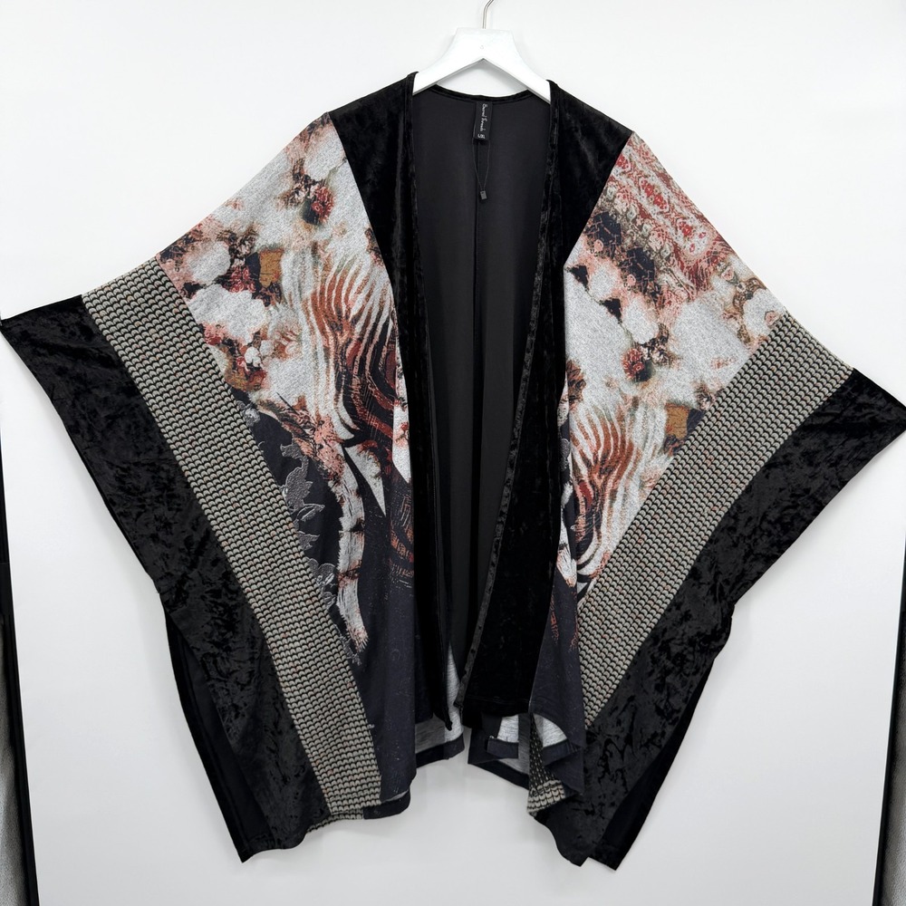 Sacred Threads Kimono Jacket Poncho Cape L XL Stretch Mixed Media Velvet Boho